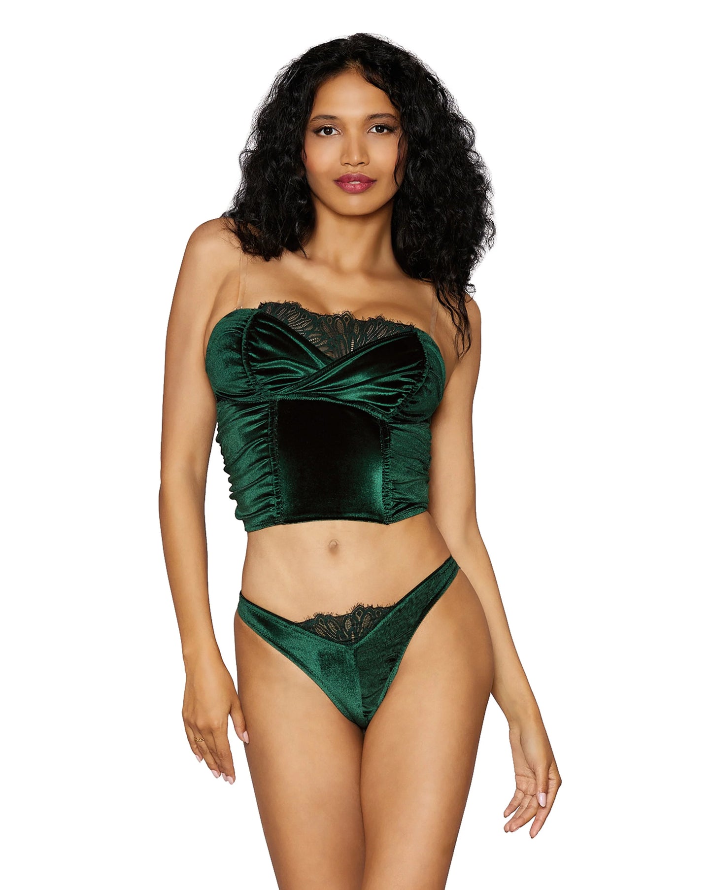 TeeLure Stretch Velvet Corset and Panty Set with Lace Accents
