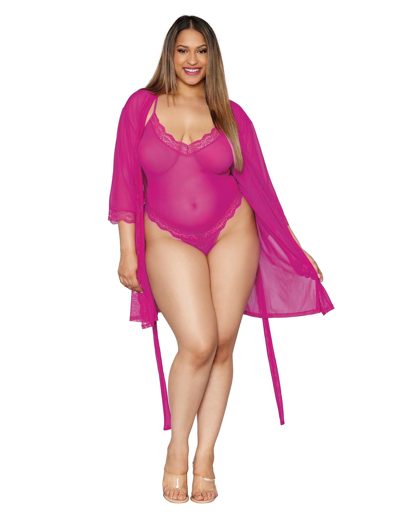 TeeLure Stretch Mesh Teddy & Robe Set Azalea